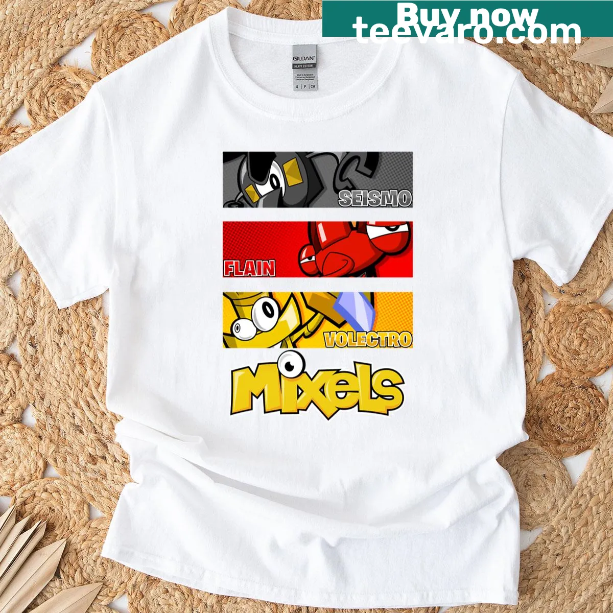 Vintage t-shirt featuring a trio of Mixels characters — on a men's t-shirt