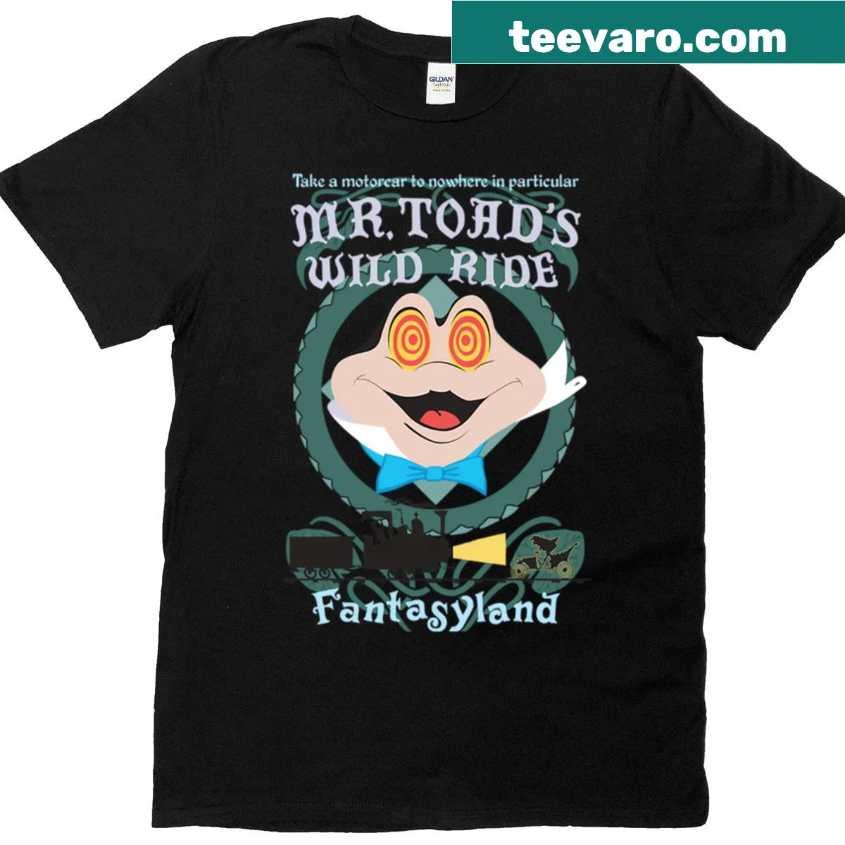T-shirt featuring illustration inspired by Mr Toad's Wild Ride — on a men's t-shirt