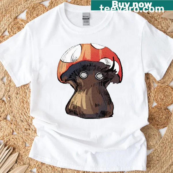 Whimsical illustrated mushrooms design on a T-shirt