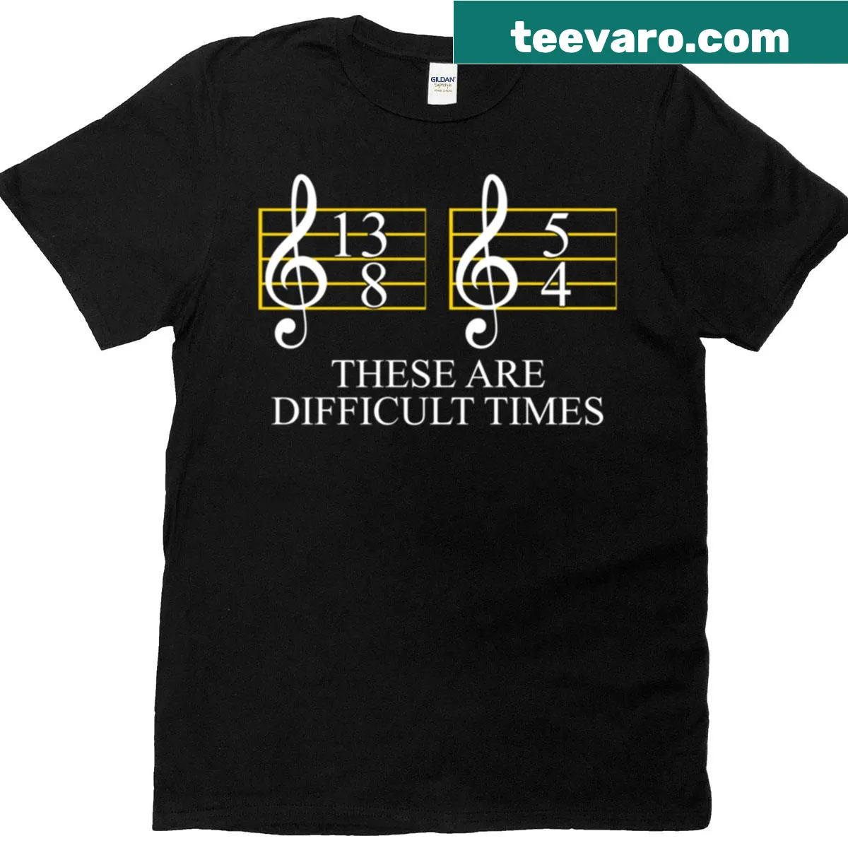 T-shirt with the message Music These Are Difficult Times in bold typography — on a men's t-shirt