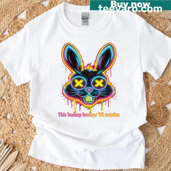 Edgy neon glitch art of a bunny on a nightlife-themed T-shirt