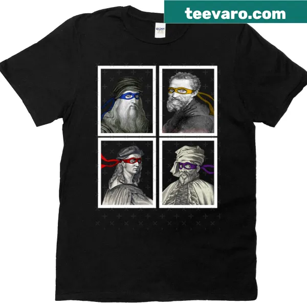 Cartoon Ninja Turtles graphic on art-themed T-shirt