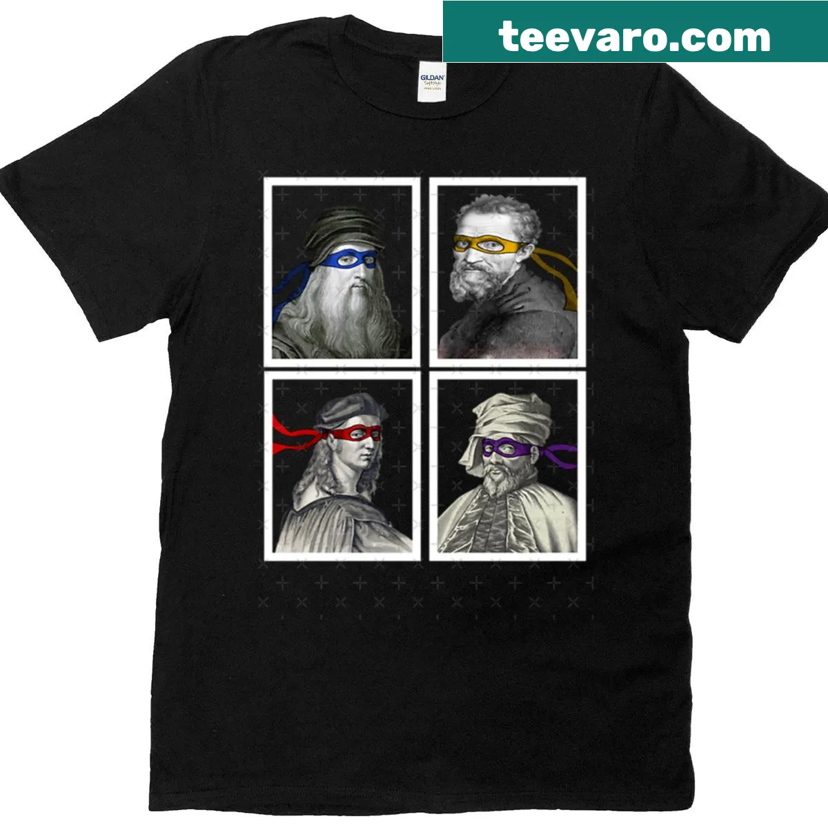 Cartoon Ninja Turtles graphic on art-themed T-shirt — on a men's t-shirt