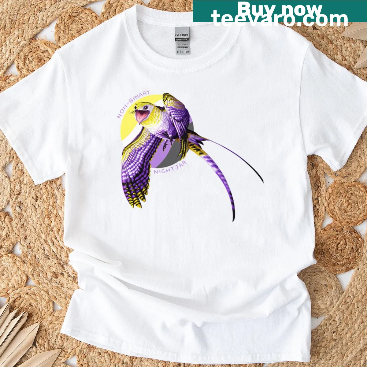 Illustration of a nightjar with empowering text for non-binary identity — on a men's t-shirt