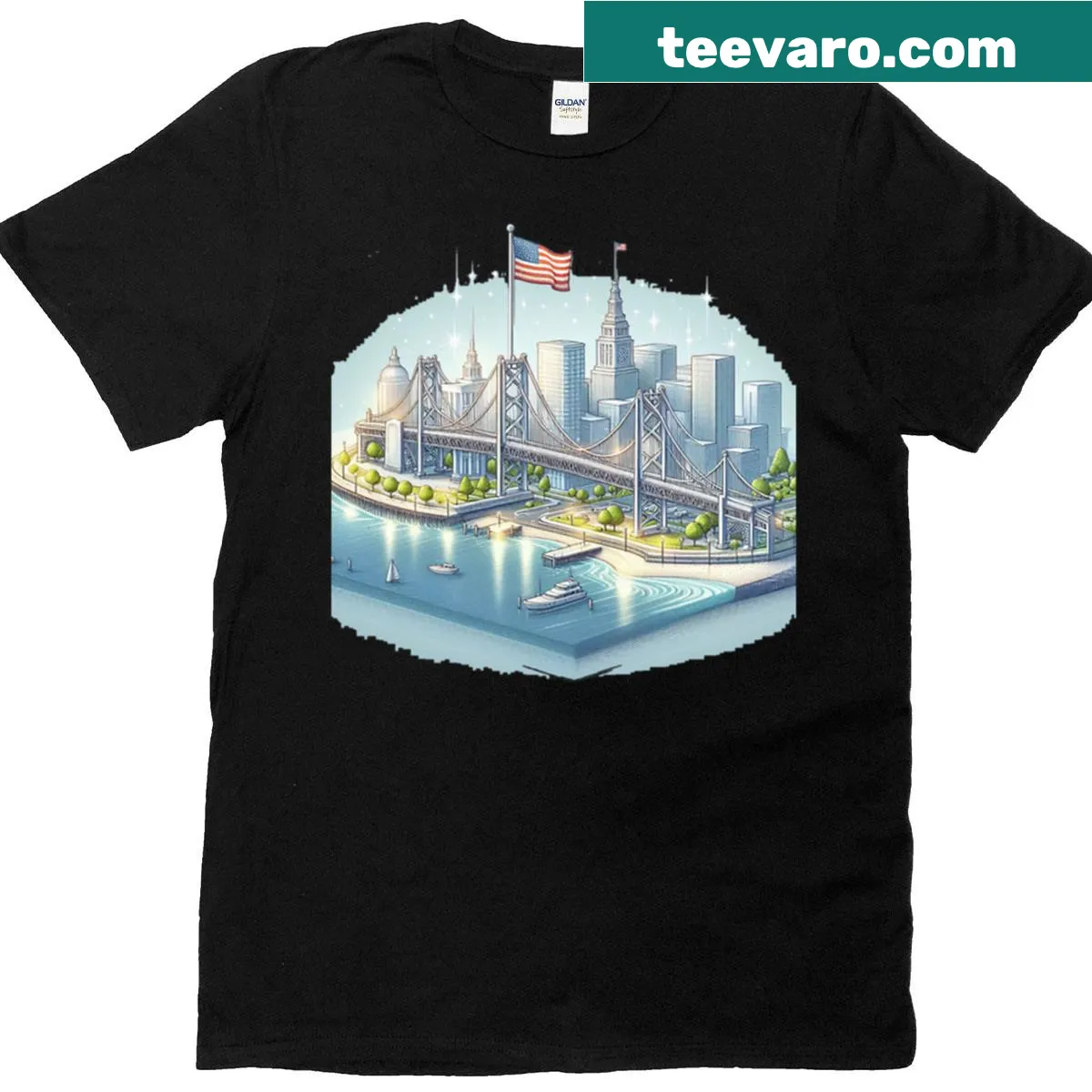 Cute sketch of Oakland cityscape with American flag on a T-shirt — on a men's t-shirt