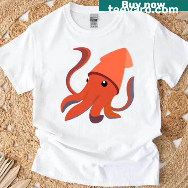 Cute cartoon squid illustration on an orange T-shirt