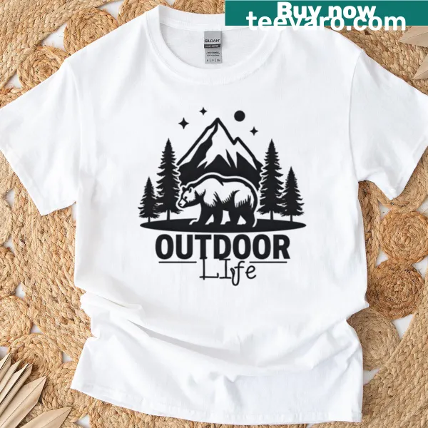 Graphic T-shirt featuring a bear in the mountains, representing outdoor life