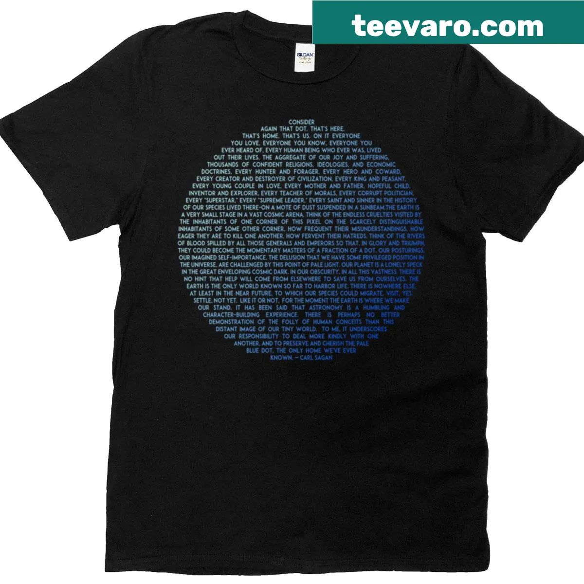 Pale Blue Dot T-shirt with Carl Sagan illustration — on a men's t-shirt
