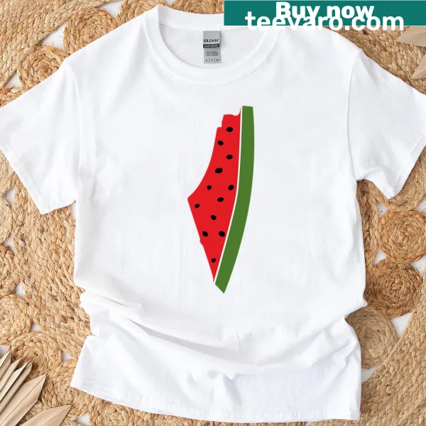 Watermelon-shaped silhouette of Palestine on a supporter T-shirt