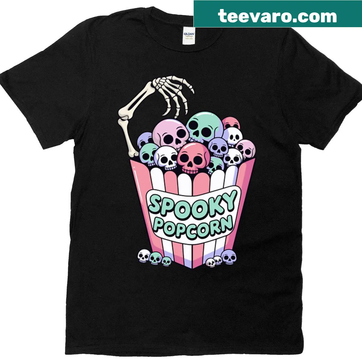 Cartoon-style T-shirt featuring spooky popcorn skulls for a playful vibe. — on a men's t-shirt