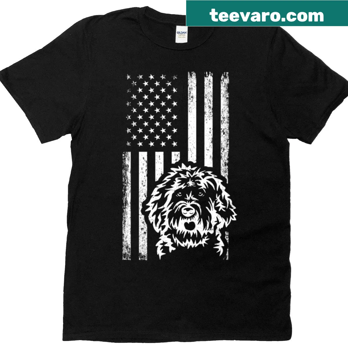 Patriotic Labradoodle graphic against American flag on T-shirt — on a men's t-shirt
