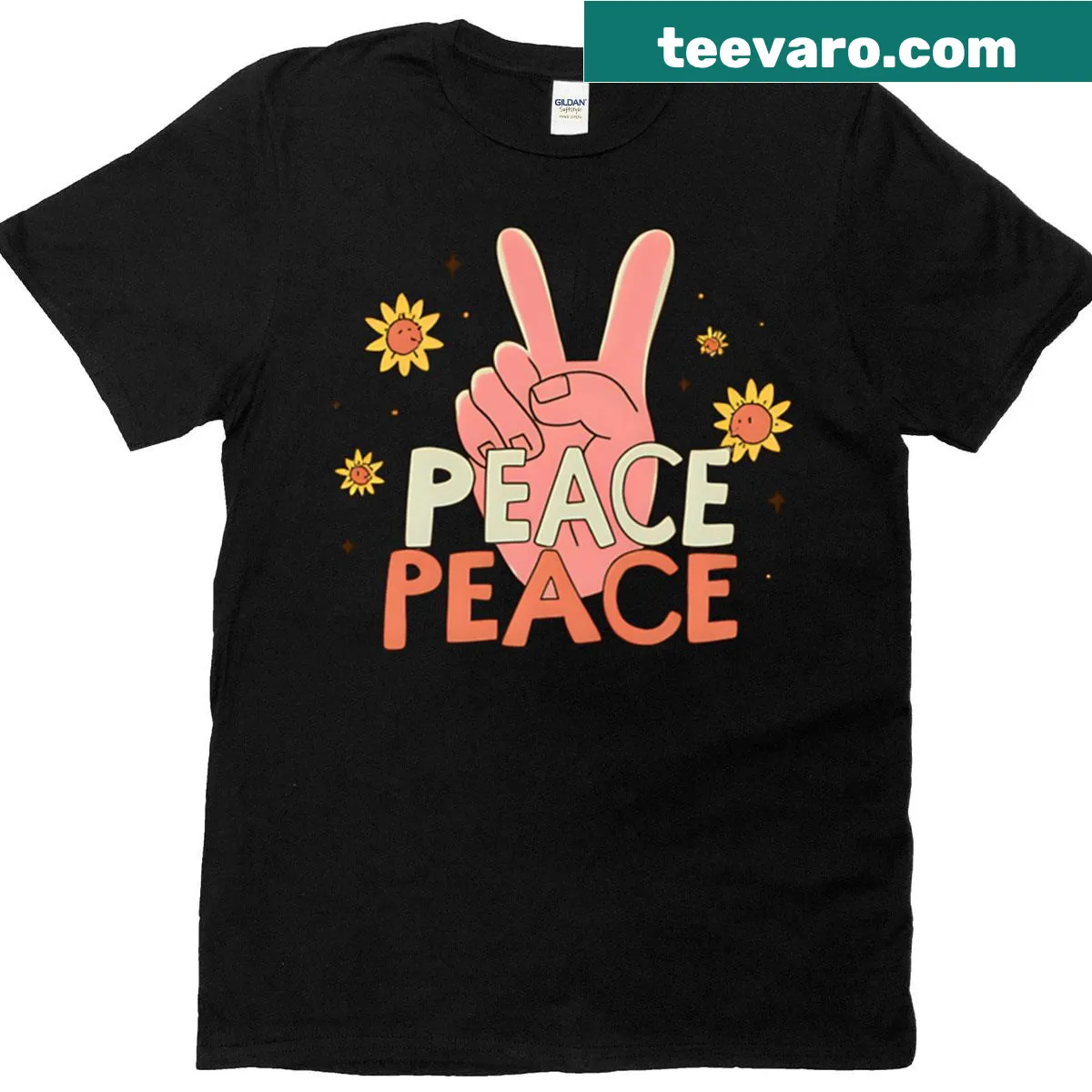 Retro graphic of a hand peace sign with flowers on a t-shirt — on a men's t-shirt