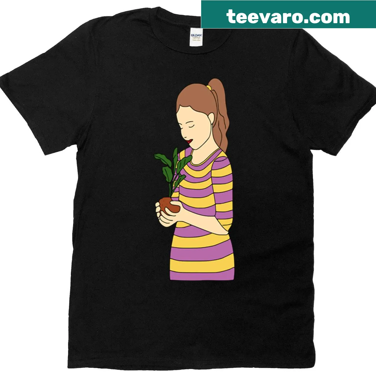 Minimal line art T-shirt with girl and potted plant — on a men's t-shirt