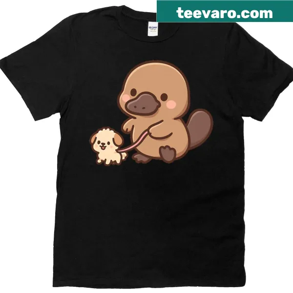 Illustration of a platypus walking a dog on a T-shirt