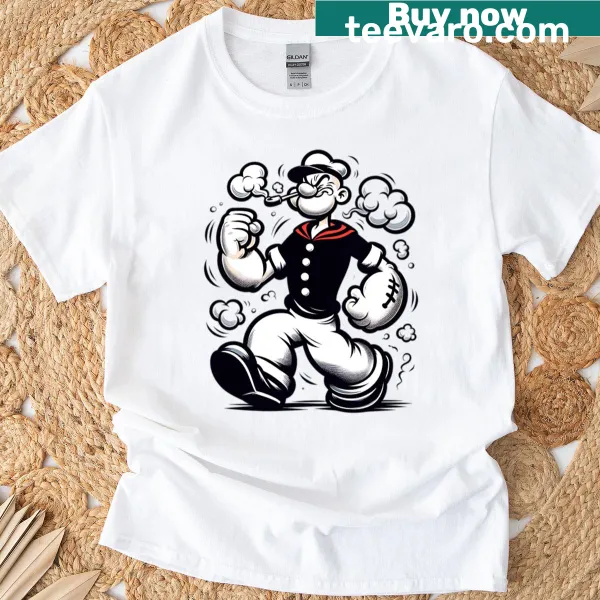 Retro Popeye black and white cartoon art on a t-shirt