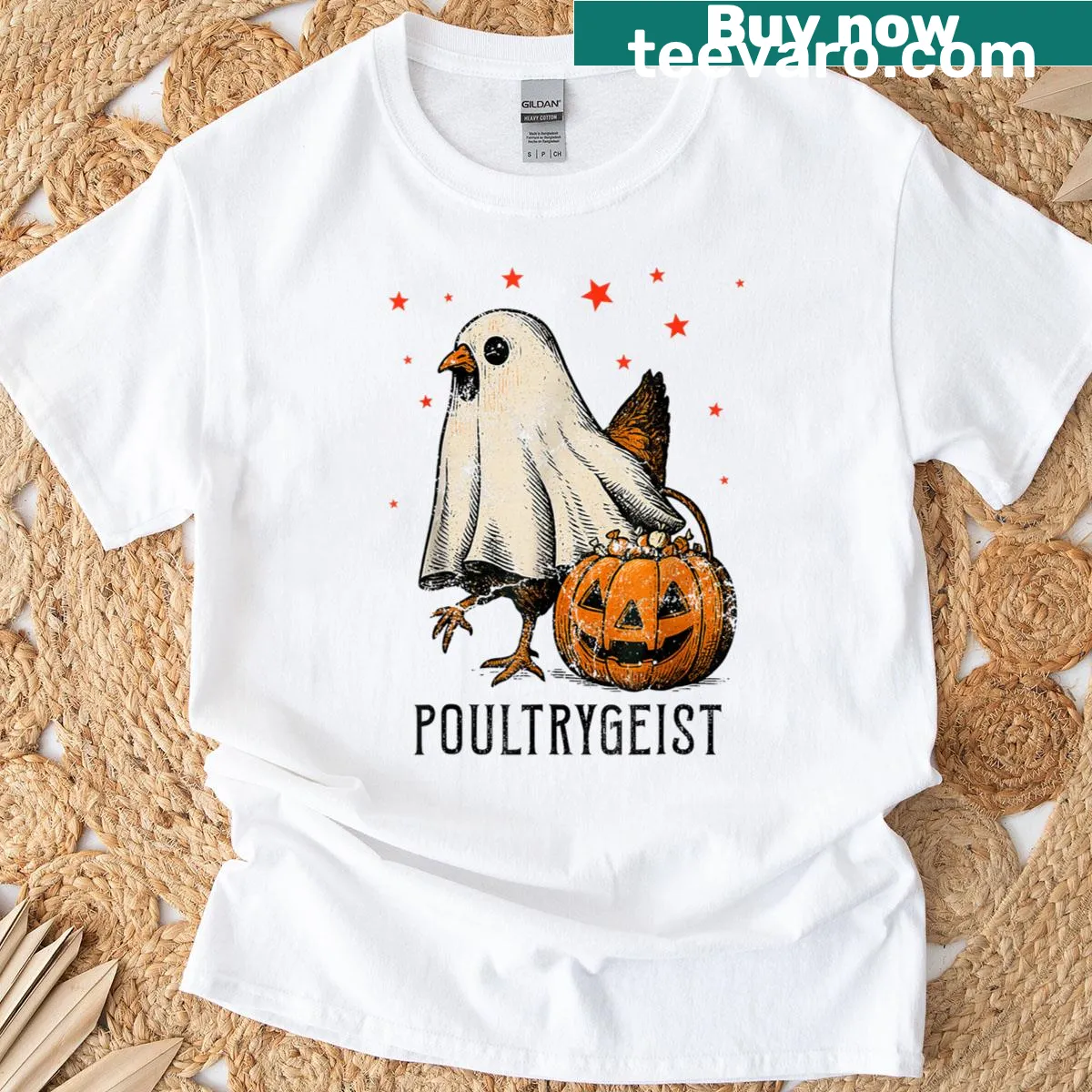 Ghost chicken with pumpkins design for Halloween T-shirt — on a men's t-shirt