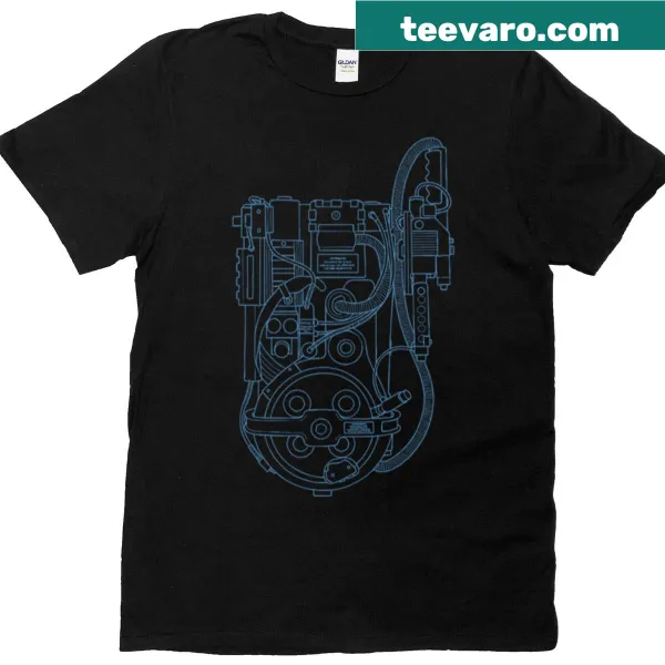 Detailed technical drawing of a proton pack