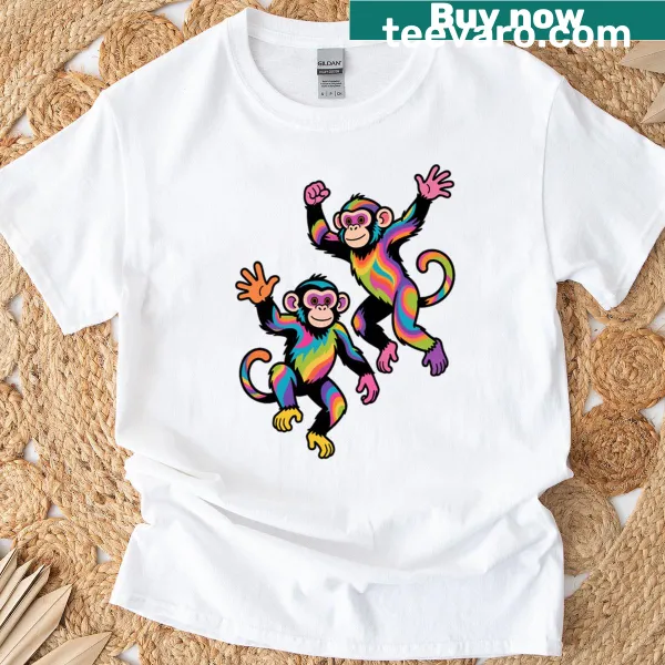 Psychedelic monkeys printed design on a colorful T-shirt