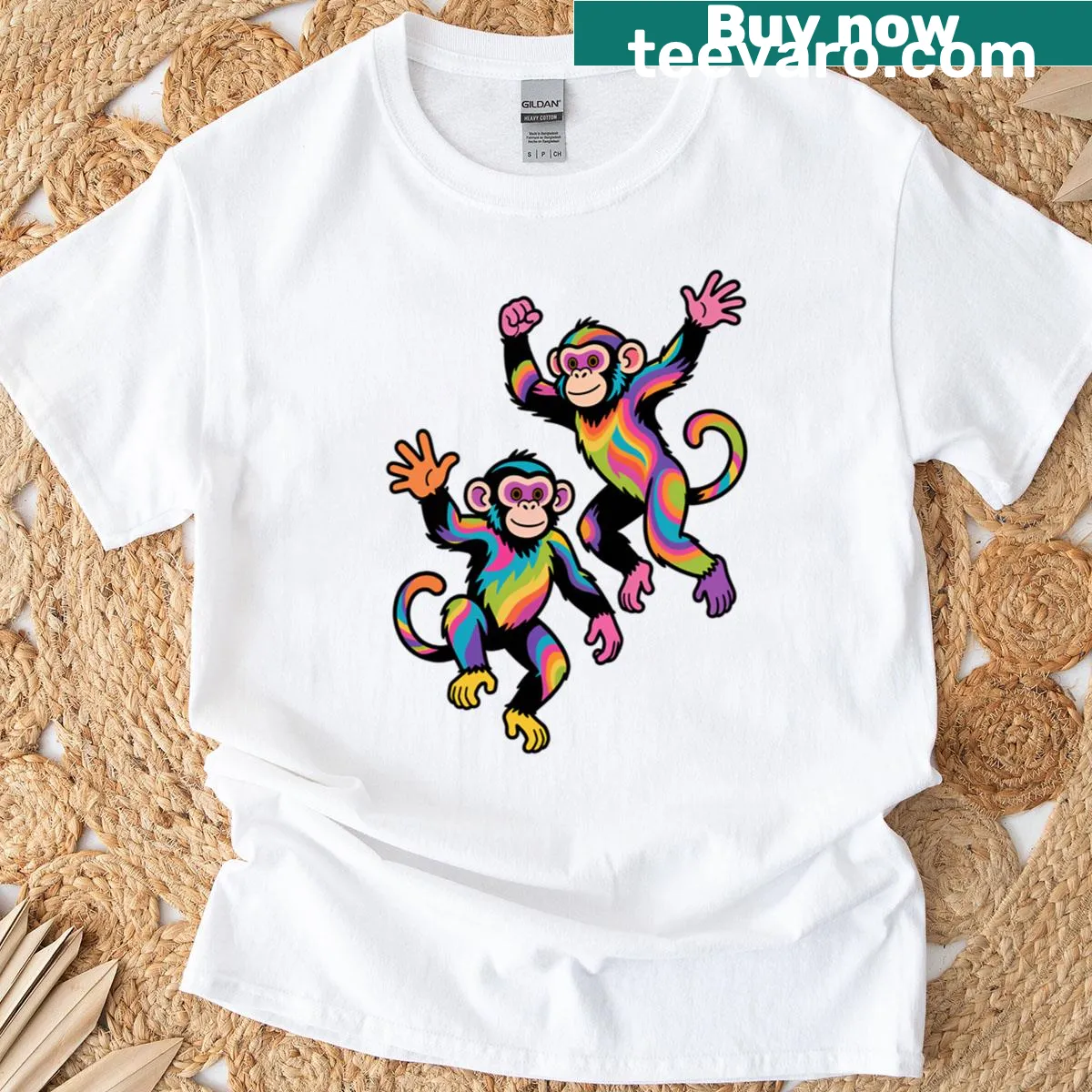 Psychedelic monkeys printed design on a colorful T-shirt — on a men's t-shirt