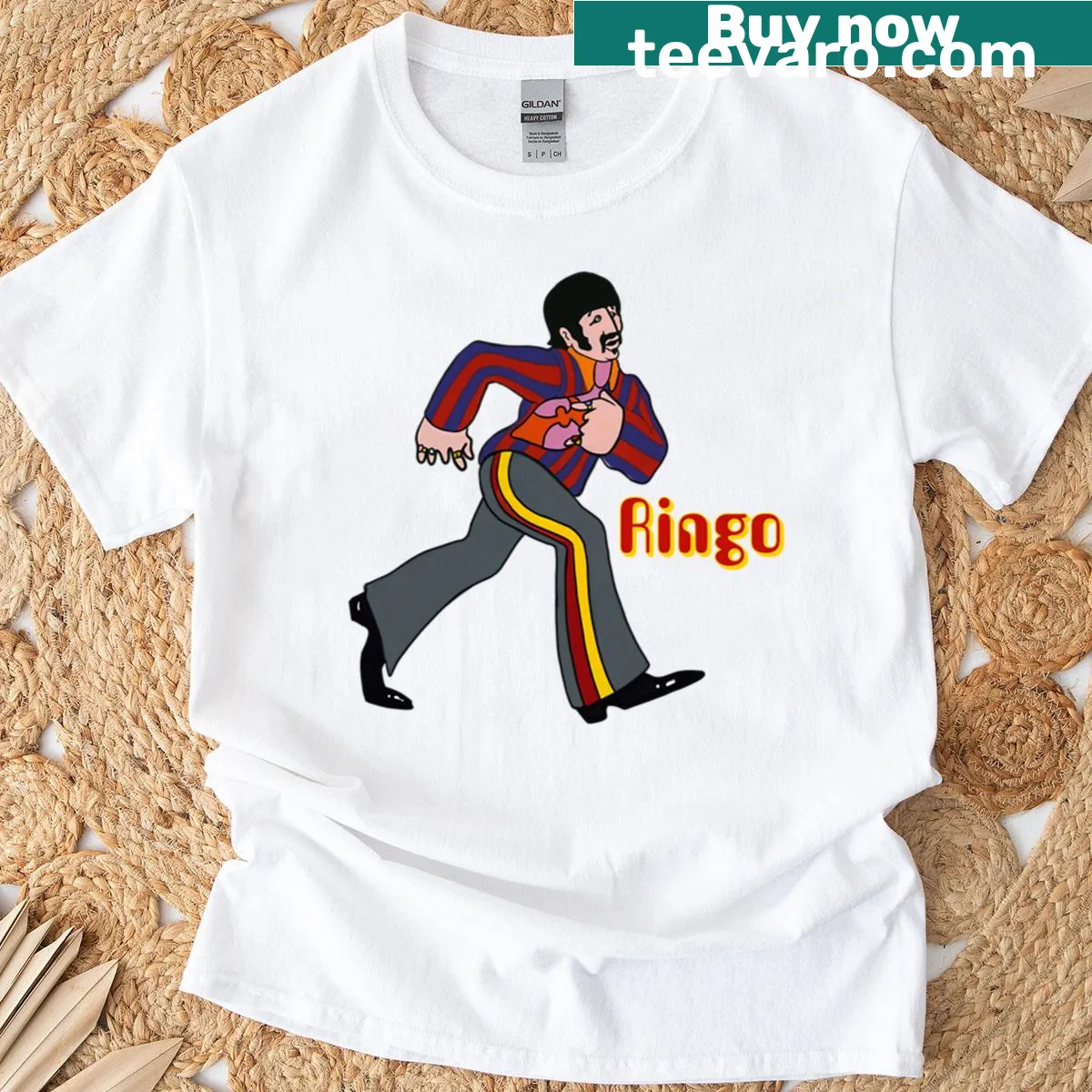 Psychedelic submarine graphic with playful imagery and text — on a men's t-shirt
