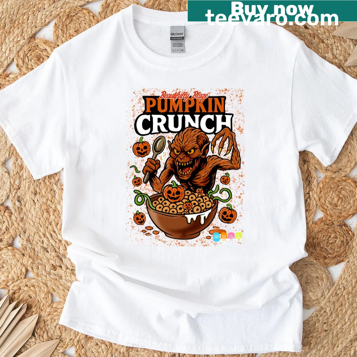 Cartoon-style pumpkinhead cereal box parody design — on a men's t-shirt