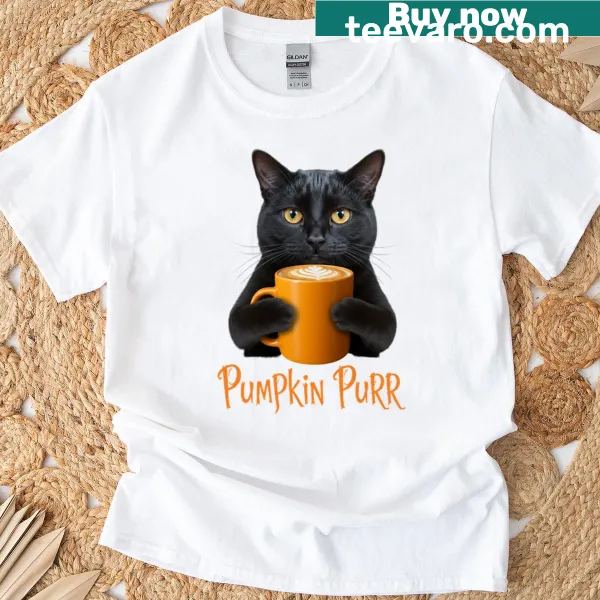 Illustration of a black cat with a pumpkin latte on a t-shirt