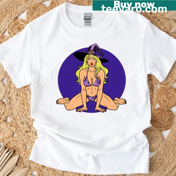 Pinup-style witch with a purple hat on a T-shirt