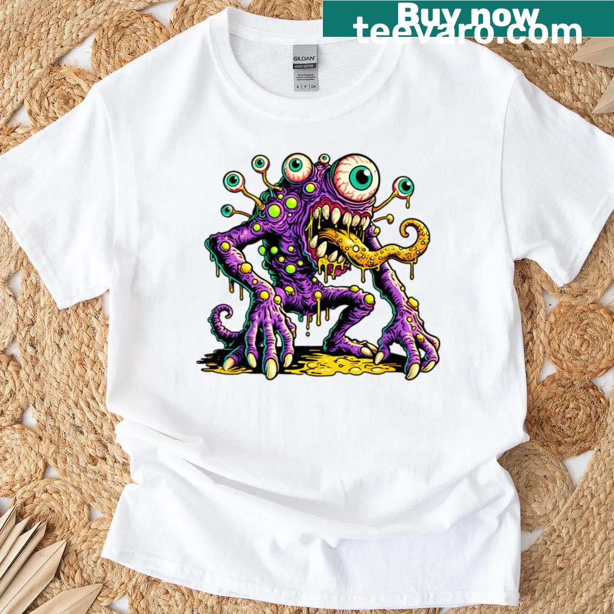 Cartoon Purple Slime Alien T-shirt featuring a playful character — on a men's t-shirt
