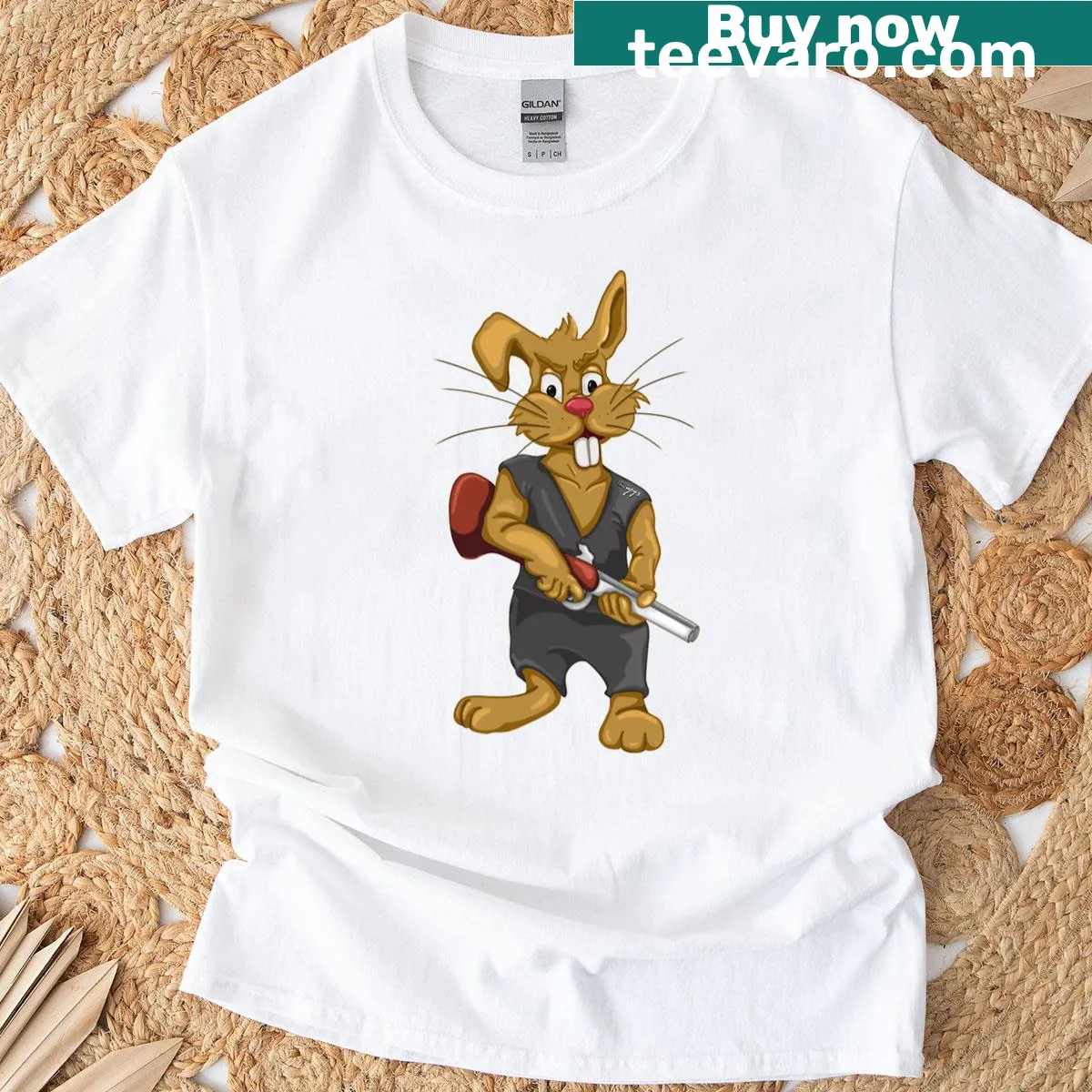 Illustration of a rabbit hunter on a light background T-shirt — on a men's t-shirt