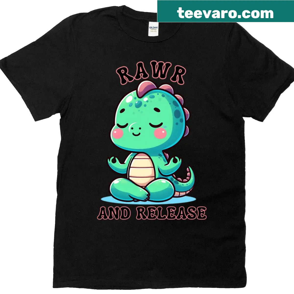 Cute dinosaur meditation t-shirt featuring kawaii yoga art — on a men's t-shirt