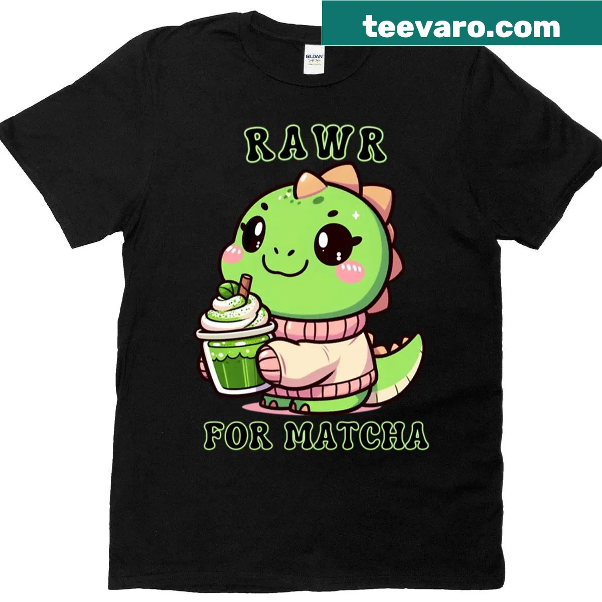 Kawaii dinosaur with matcha drink and 'Rawr For Matcha' text — on a men's t-shirt