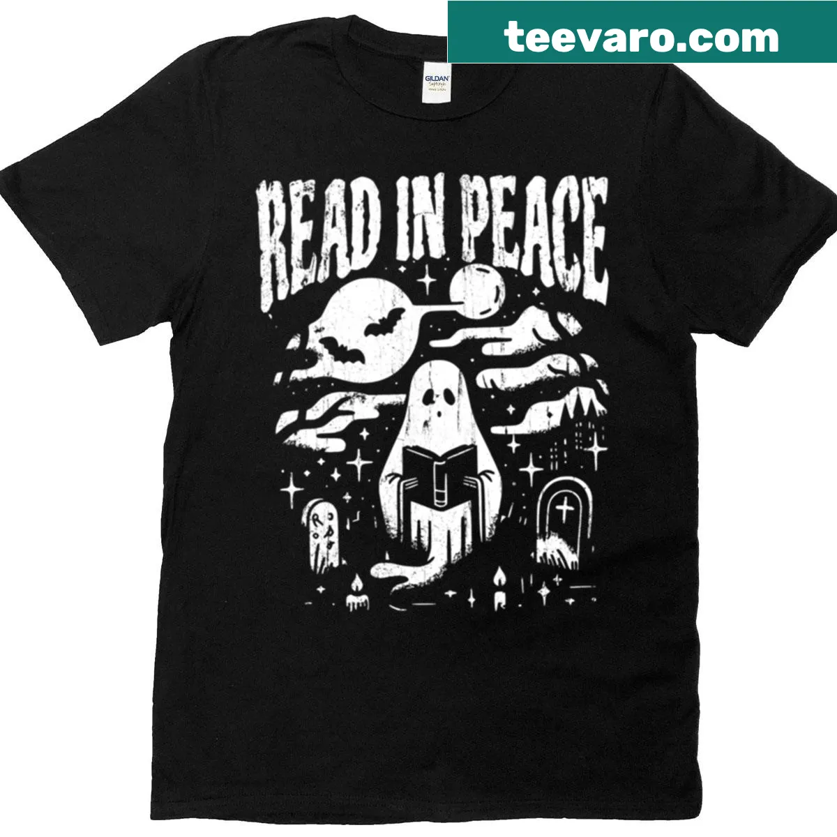 Text graphic on a t-shirt promoting reading — on a men's t-shirt