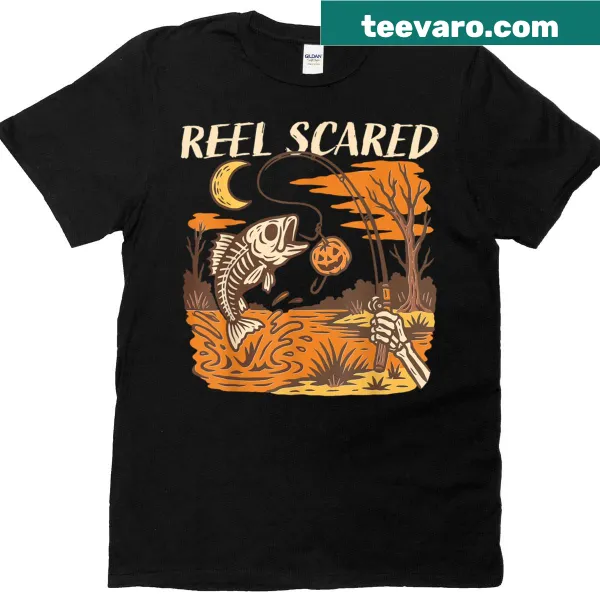 Cartoon skeleton fisherman for Halloween with 'Reel Scared' text