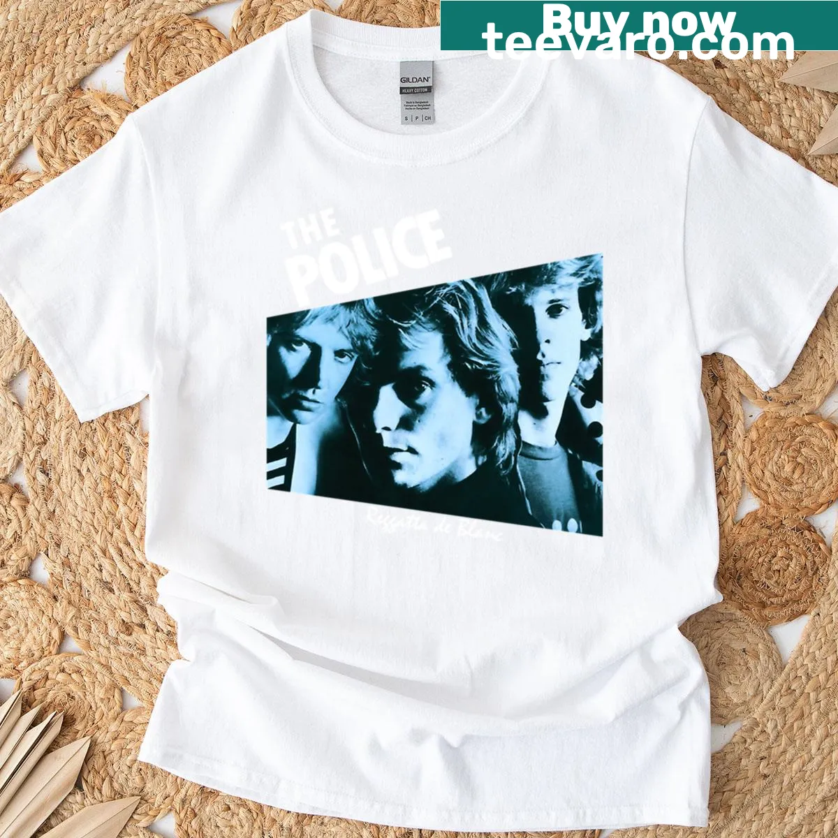 Illustrative design featuring the title 'Reggatta De Blanc' from The Police — on a men's t-shirt