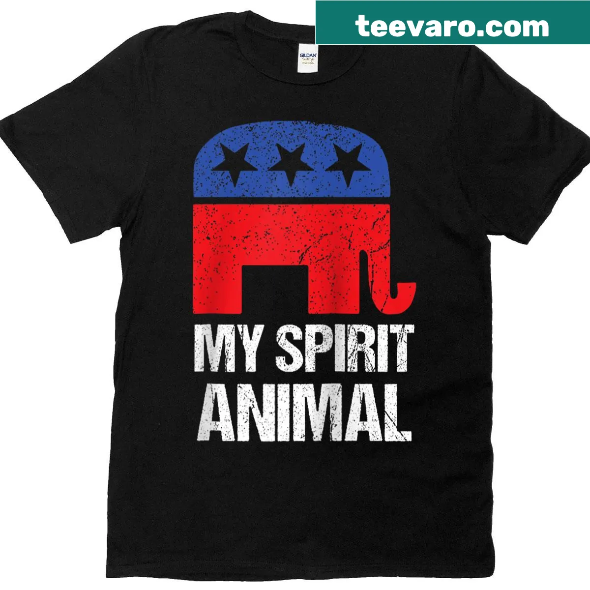 Republican elephant graphic with American flag on a raglan tee — on a men's t-shirt