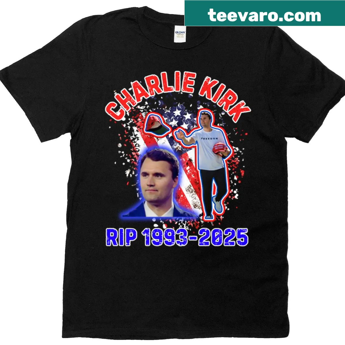 Tribute T-shirt reading 'Rest In Peace Charlie Kirk 1993 - 2025'. — on a men's t-shirt