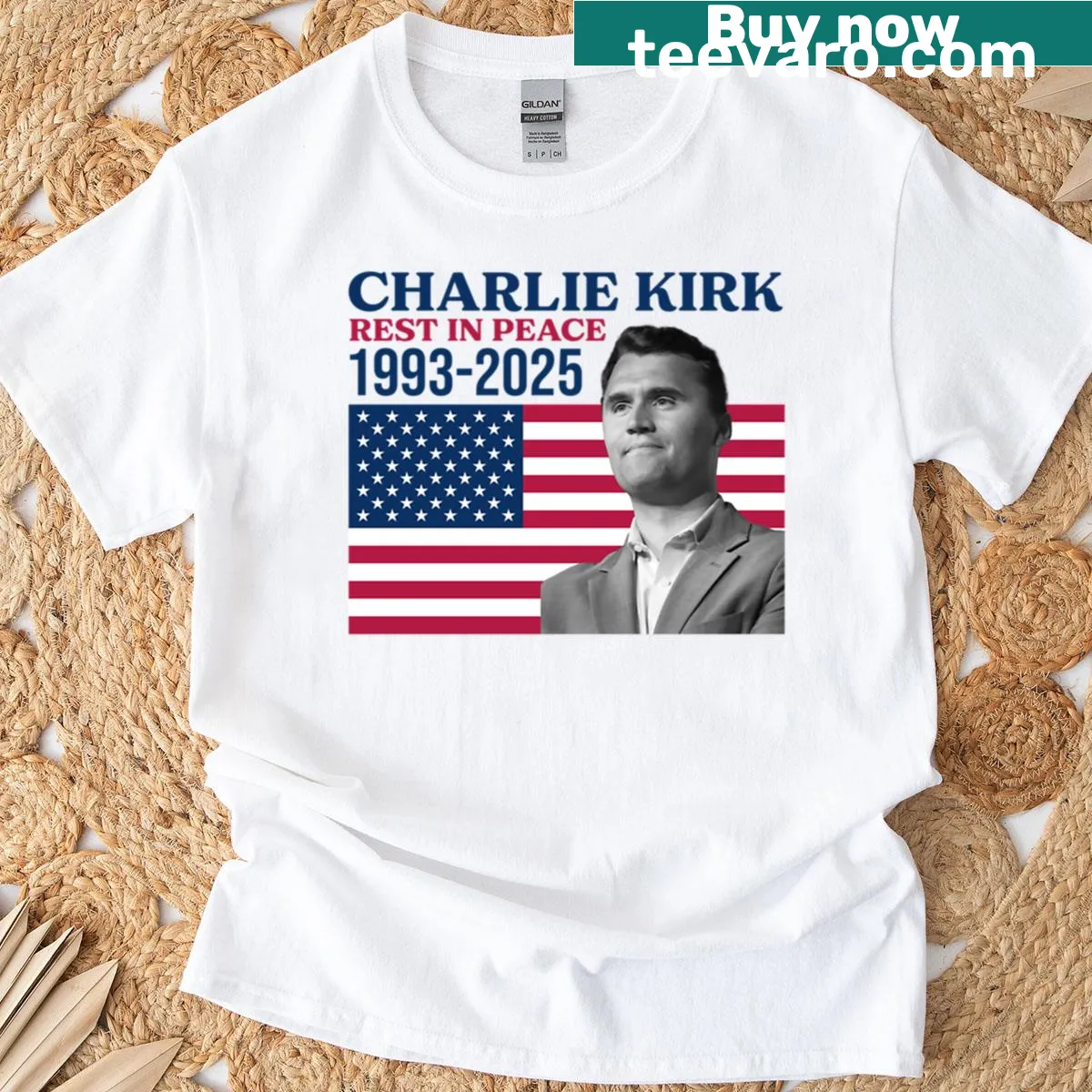 Cartoon tribute design for Charlie Kirk on a tee — on a men's t-shirt