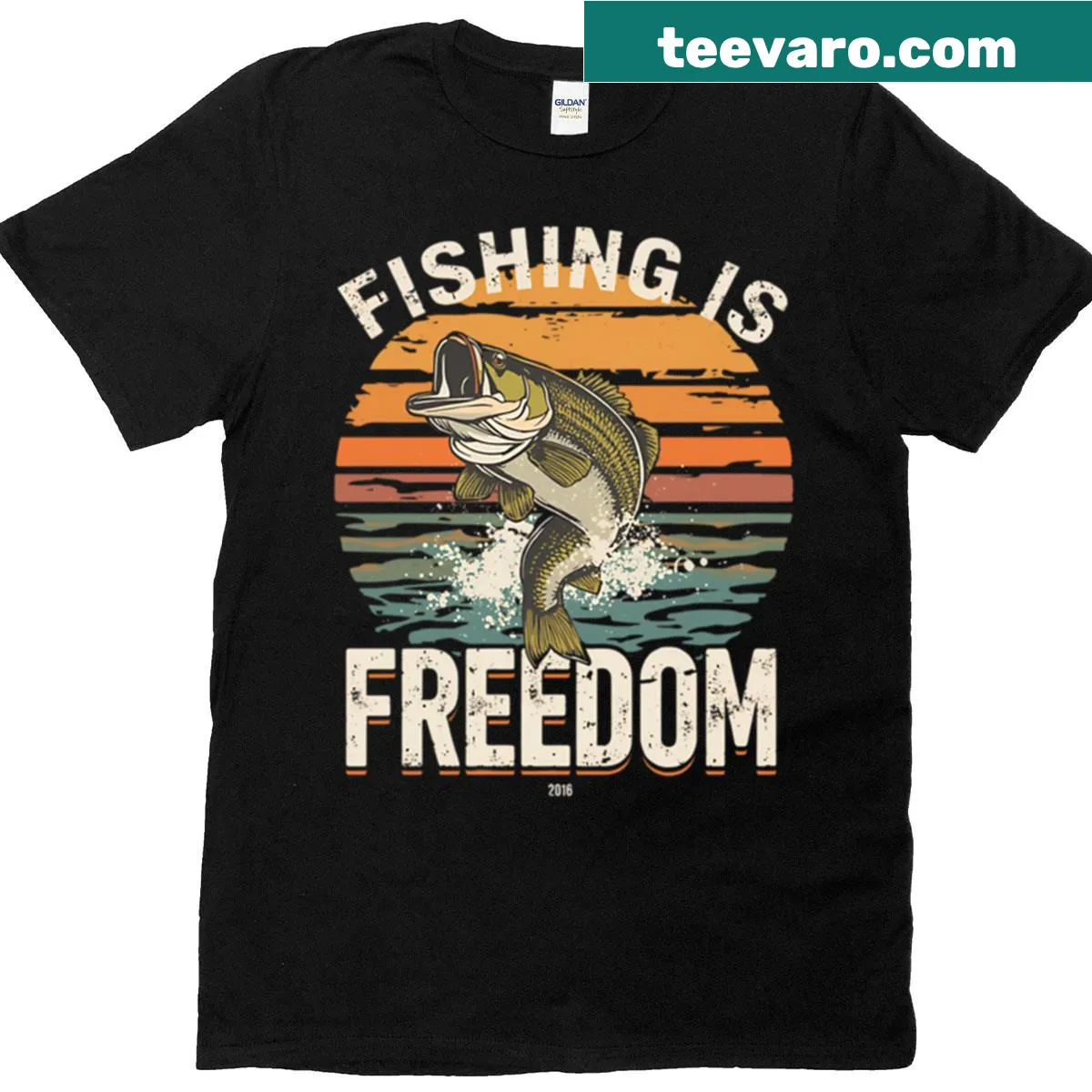 Vintage bass fishing themed t-shirt with retro graphics — on a men's t-shirt