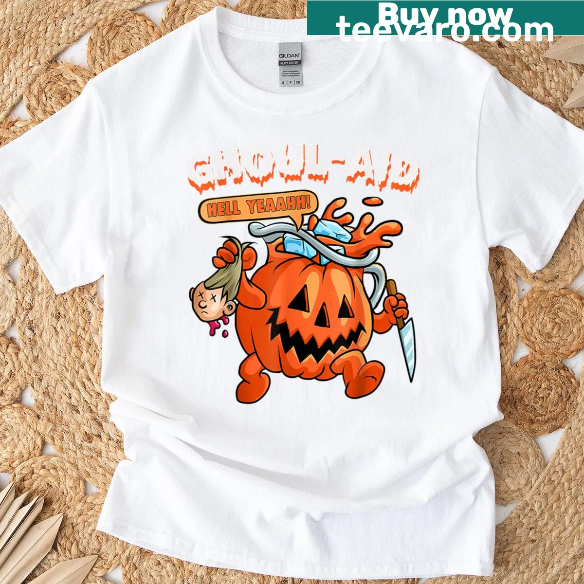 Funny Halloween t-shirt with killer pumpkin and ghoul graphic — on a men's t-shirt