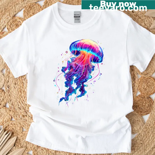 Colorful retro jellyfish illustration on a t-shirt
