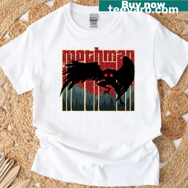 T-shirt featuring a vintage cartoon of Mothman, a famous cryptid.