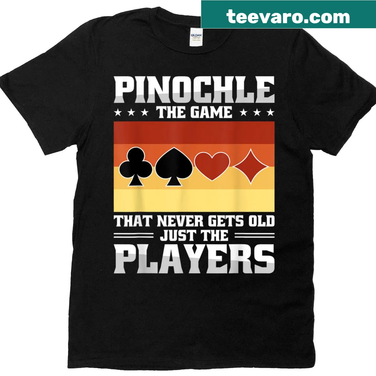 Nostalgic t-shirt featuring a Pinochle game theme. — on a men's t-shirt