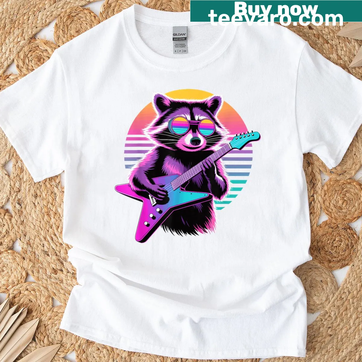Cartoon raccoon playing guitar graphic T-shirt — on a men's t-shirt