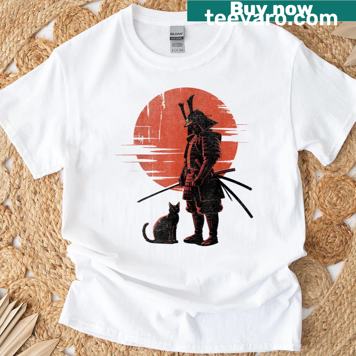 Vintage samurai warrior and black cat graphic T-shirt — on a men's t-shirt
