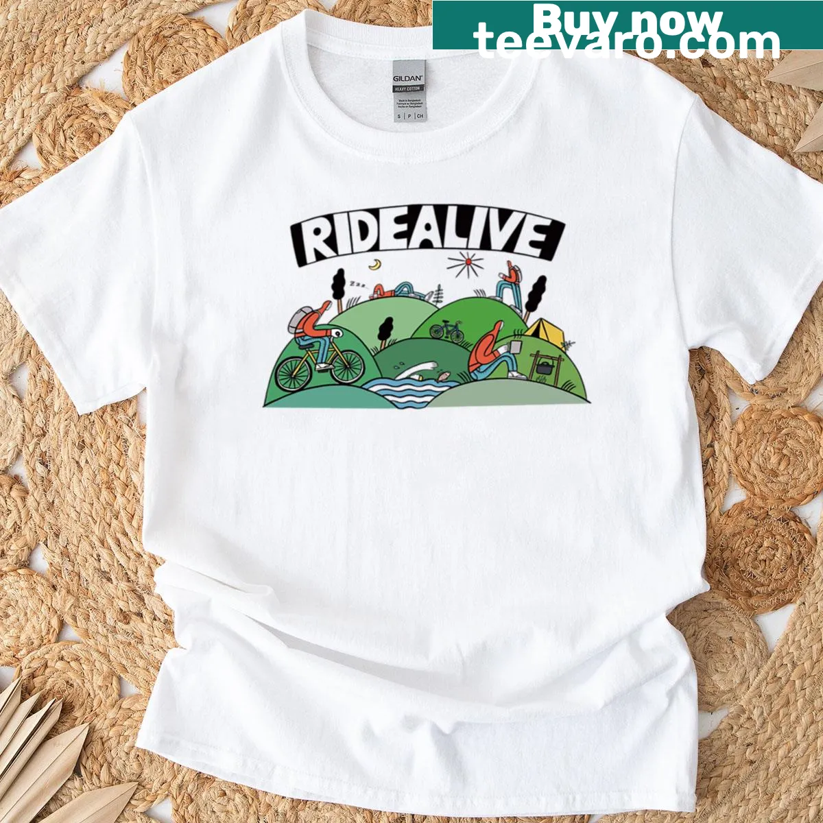 Cartoon illustration of outdoor adventure on a playful t-shirt — on a men's t-shirt