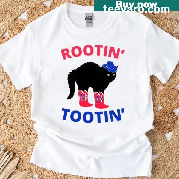 Playful cartoon cat design on a Rootin Tootin t-shirt