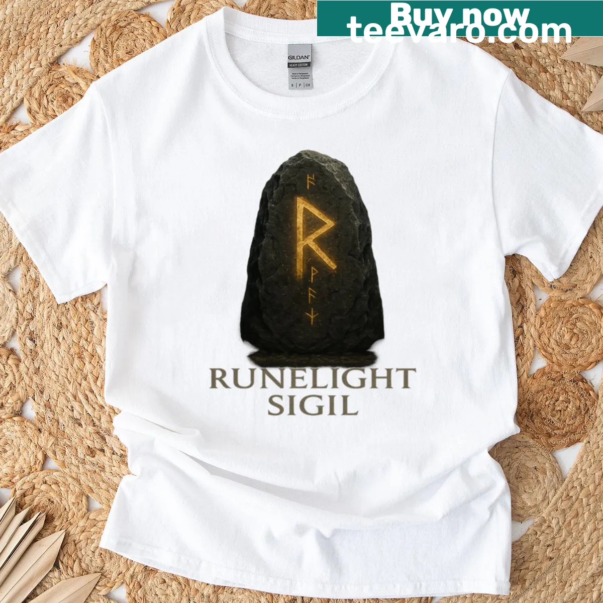 Intricate rune stone illustration on a Viking-themed t-shirt — on a men's t-shirt