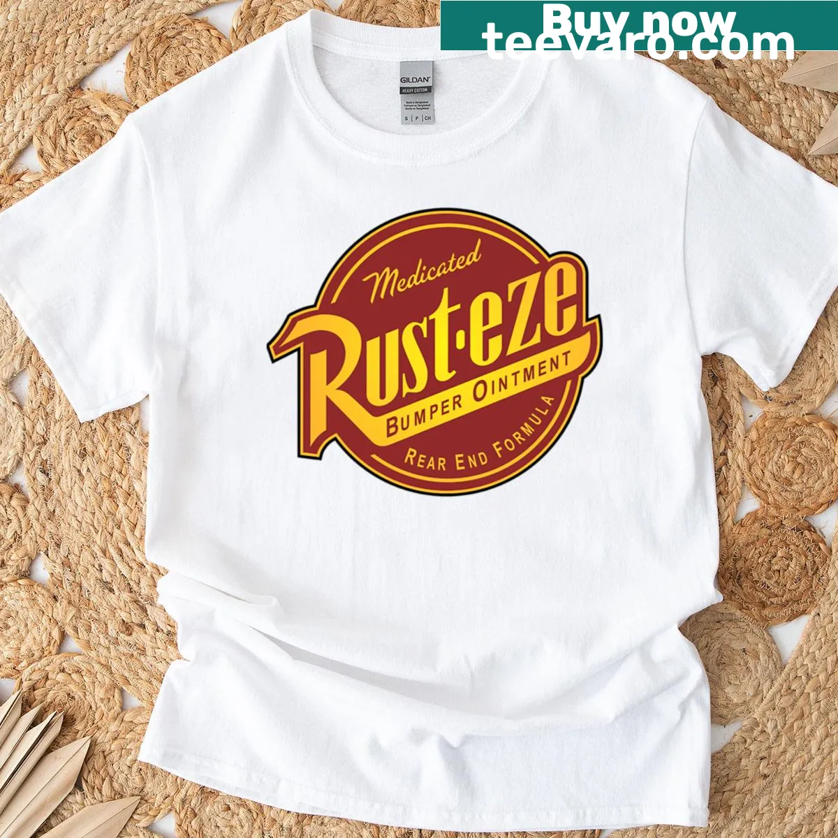 Rust-eze logo displayed on a T-shirt — on a men's t-shirt