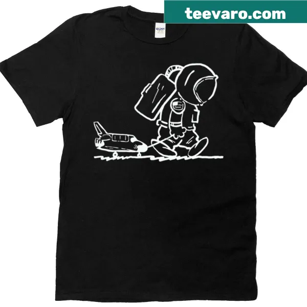 Illustration of sad astronaut pulling a space shuttle on black tee
