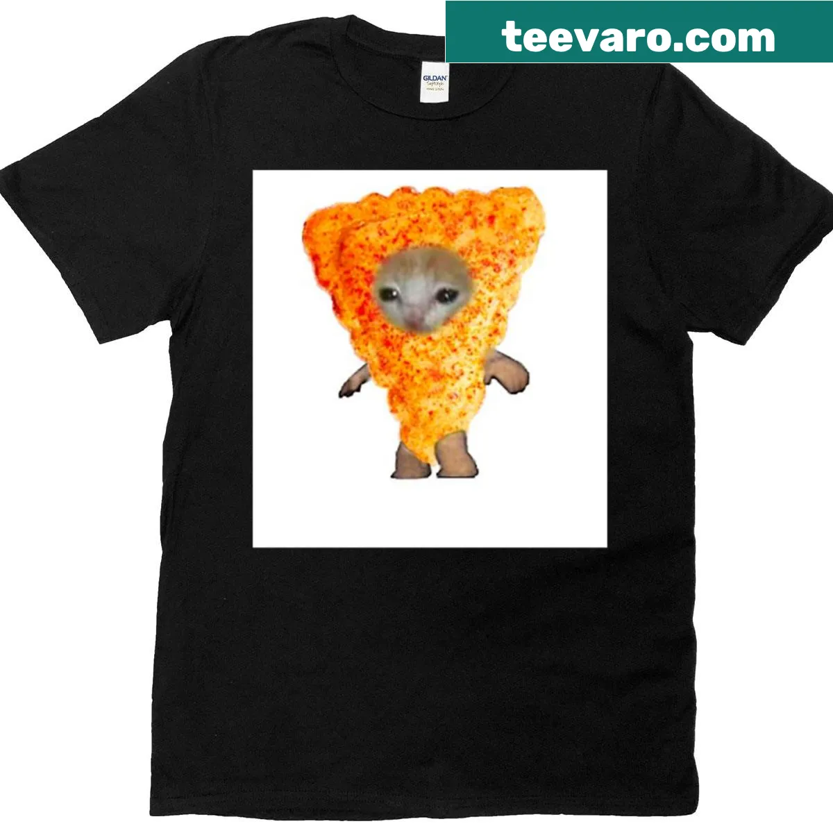 Illustrated sad cat design on T-shirt — on a men's t-shirt
